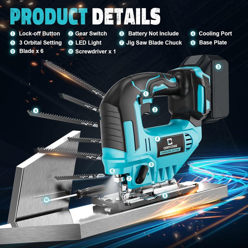 Cerycose Jigsaw Compatible With Makita 18V, Cordless jig saw tool Brushless Motor, 0°- 45° Bevel Cuts, LED Light with 3 Position Orbital Setting for Straight/Curve/Bevel/Circle Cutting (NO Battery) - Image 2